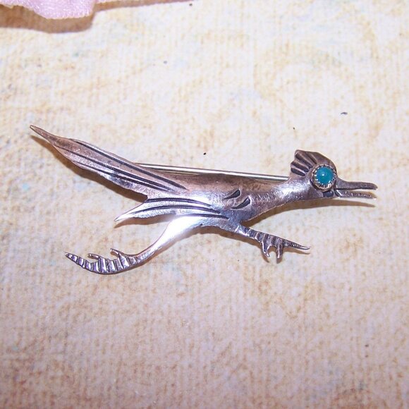 Vintage Native American Sterling Silver Roadrunner Pin Brooch - Turquoise Eye - Picture 3 of 9